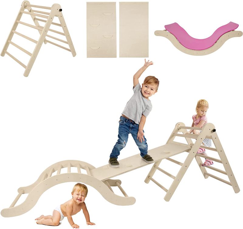 Photo 1 of 
BENKRYFREJA Beech Pikler Triangle Set 6-in-1 Foldable Climbing Triangle with Ramp for Sliding&Climbing, Rocker, Arch Climber, Indoor Outdoor Play Gym