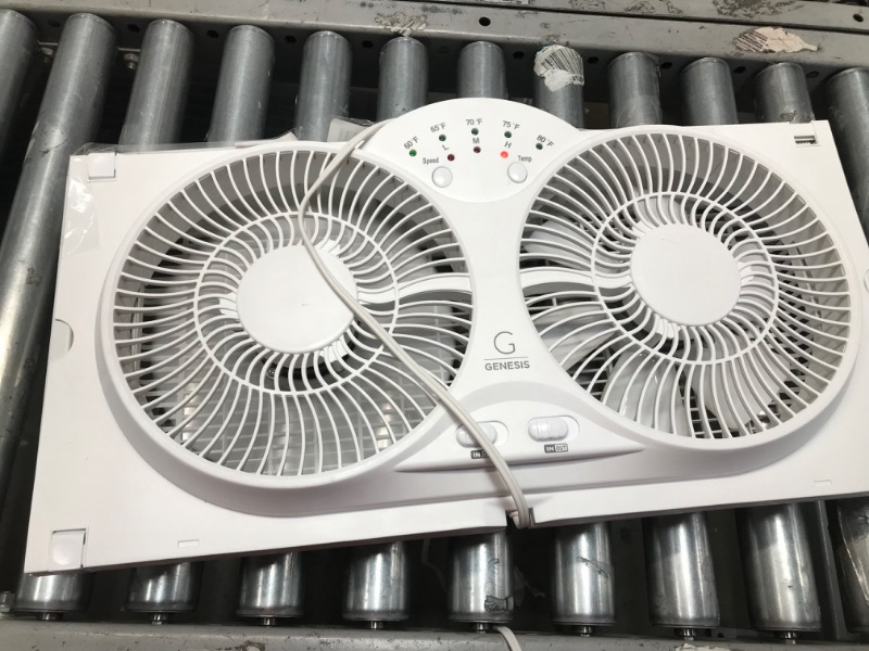 Photo 2 of *RIGHT FAN DOESNT TURN ON* Genesis Twin Fan High Velocity Reversible AirFlow Fan, LED Indicator Lights Adjustable Thermostat & Max Cool Technology, ETL Certified, White (A1WINDOWFAN)