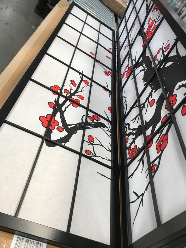 Photo 4 of **SLIGHT DAMAGE**  Roundhill Furniture Black Japanese 4-Panel Screen Room Divider, Plum Blossom