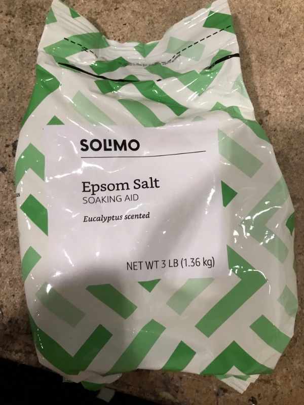 Photo 2 of Amazon Brand - Solimo Epsom Salt Soaking Aid, Eucalyptus Scented, 3 Pound 3 Pound (Pack of 1)