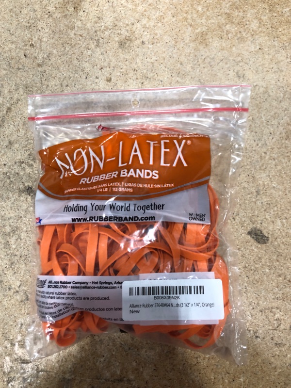 Photo 2 of Alliance Rubber 37648#64 Non-Latex Rubber Bands, 1/4 lb Poly Bag Contains Approx. 95 Bands (3 1/2" x 1/4", Orange) 3 1/2 x 1/4 inches 1/4 Pound Bag