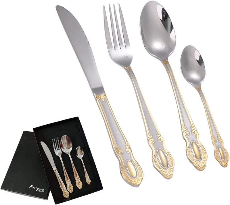 Photo 1 of 2 pack of Fortyone Cutlery set 4-piece set?knife fork spoon flatware set?stainless steel flatware cutlery set includes knives, forks and spoons kitchen utensil tableware(Gold - silver)