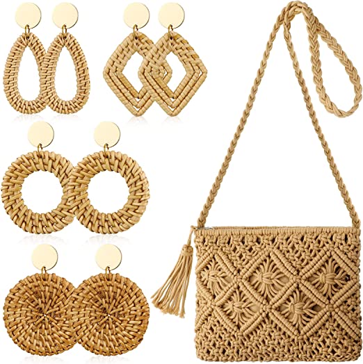 Photo 1 of Straw Shoulder Bag Set Beach Clutch Purse Crossbody Vacation Purse Summer Clutch Purses Crossbody Shoulder Handbag Bag with 4 Pairs Earrings Rattan Boho Earrings for Women Girl
