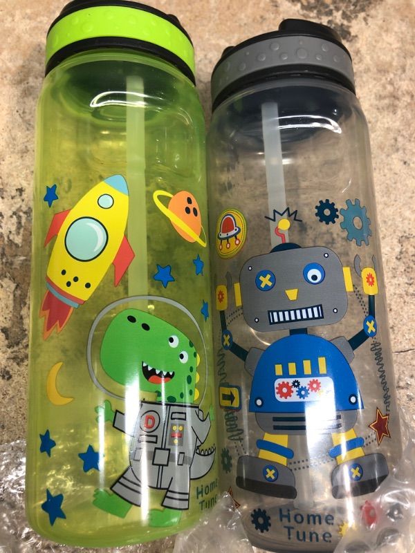 Photo 1 of Koohot 22oz Kids Water Drinking Bottle - BPA Free, Sip Straw Lid, Carry Loop, Leak-Proof, Cute Design for Girls & Boys - 2 Pack - Space/Robot