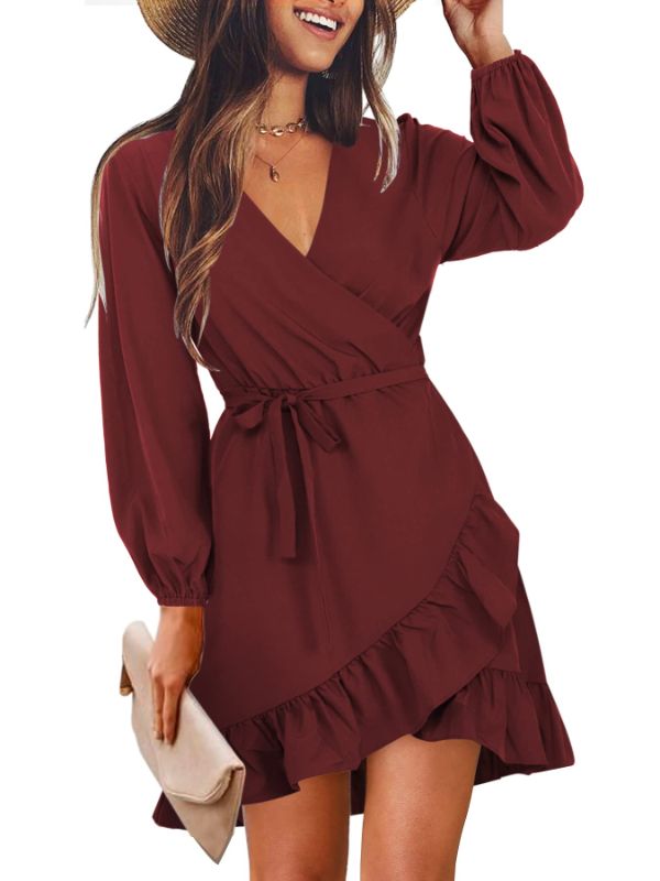 Photo 1 of Amoretu Womens Short/Long Sleeve Dress Wrap V Neck Ruffle Hem Mini Summer Fall Dresses X-Large Long Sleeve:burgundy