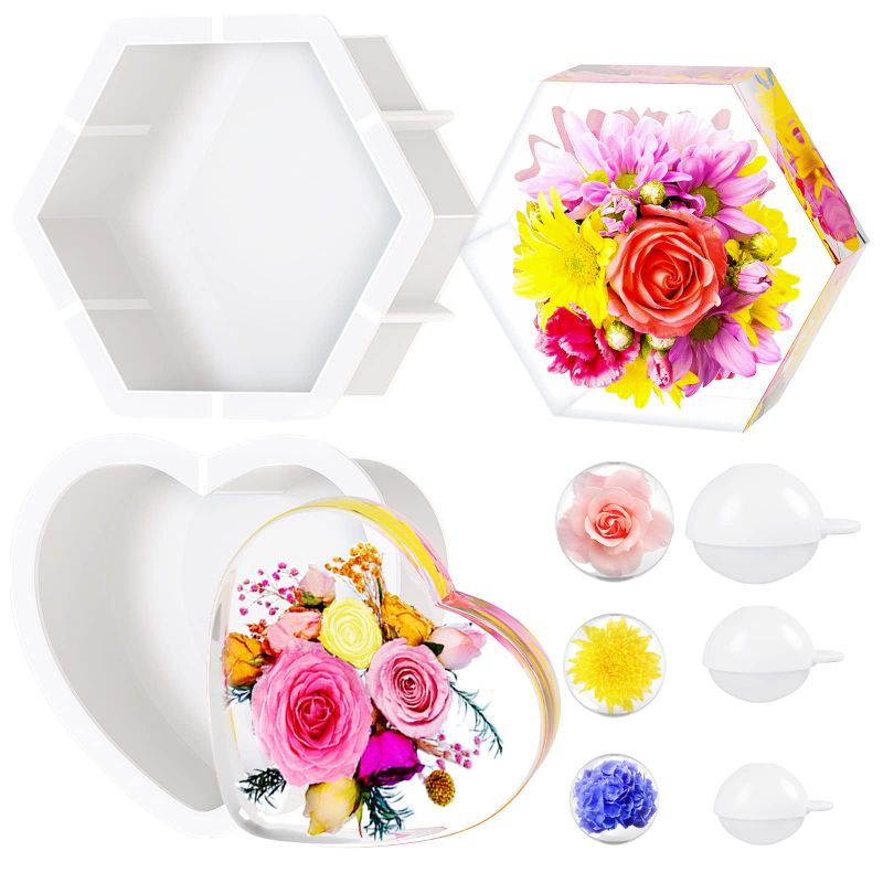 Photo 2 of 2 Pcs Large Resin Molds Silicone Kit Deep 10.15" Hexagon & 7" Heart Silicone Mold Epoxy Resin Molds with 3 Pcs Round Silicone Molds for Flowers Preservation Home Deco DIY Art 10*8.7