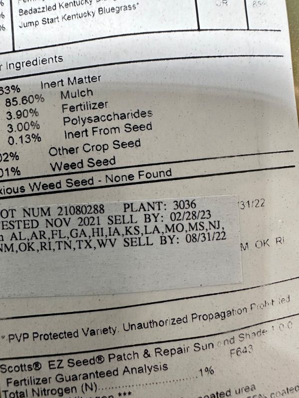 Photo 4 of **BBD: 2/28/2023**
Scotts EZ Seed Patch & Repair Sun and Shade, Combination Mulch, Seed and Lawn Fertilizer, 10 lbs. (4-Pack)
