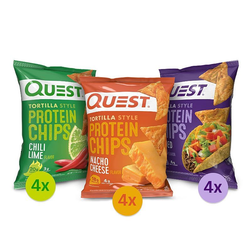 Photo 1 of **BBD: 1/4/2024**
Quest Tortilla Style Protein Chips Variety Pack, Chili Lime, Nacho Cheese, Loaded Taco, 1.1 Ounce (Pack of 12)