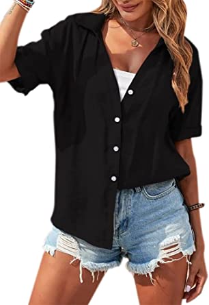 Photo 1 of *NOT exact stock photo, use for reference*
 Womens Button Down V Neck Shirts Casual Short Sleeve Blouses Cotton Loose Fit Collared Shirt Work Tops with Pockets - Small