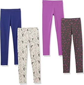 Photo 1 of Amazon Essentials Toddler Girls' Leggings (Previously Spotted Zebra), Pack of 4, Blue/Purple/Grey, Animal/Hearts, 4T
