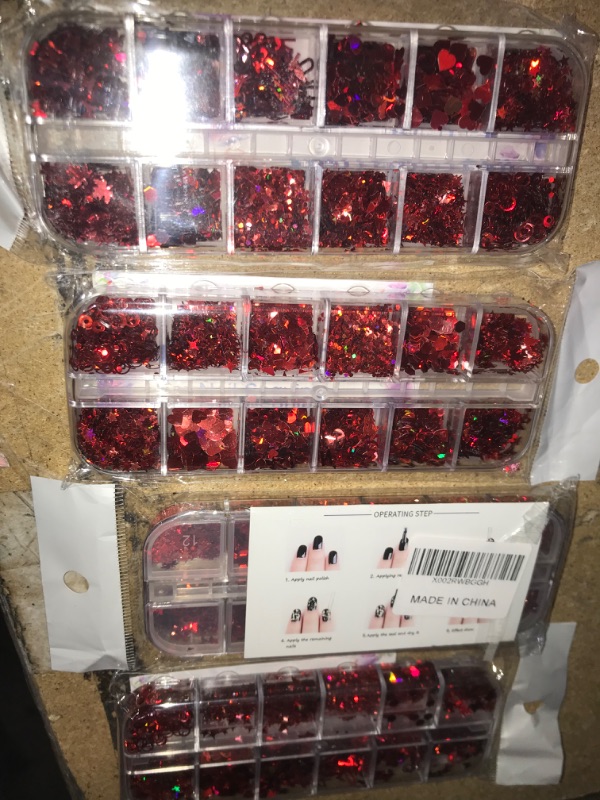 Photo 2 of (BUNDLE OF FOUR) Red Valentine's Day Nail Art 3D Red Holographic Nail Sequins Lazer Butterfly Star Moon Assorted Pattern Flakes Glitter Heart Hollow Heart Shape Laser Flakes Sparkly Confetti