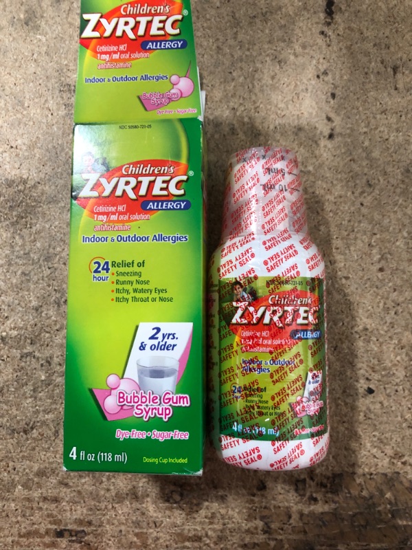 Photo 2 of *EXPIRE Feb 2024*
Zyrtec 24 Hr Children's Allergy Syrup with Cetirizine, Dye- & Sugar-Free, Bubble Gum, 4 fl. Oz
