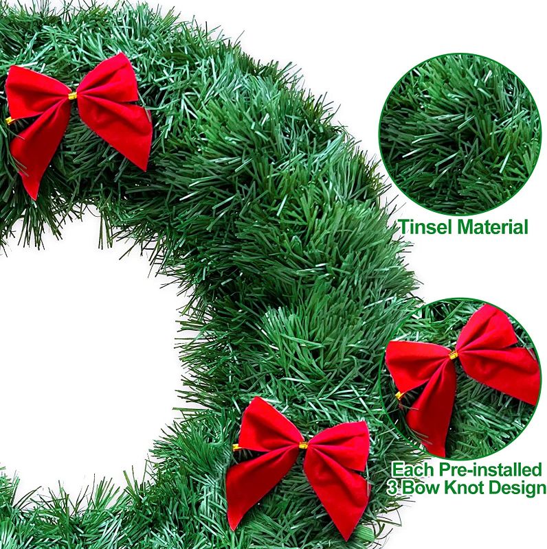 Photo 1 of  Prelit Christmas Wreaths with Lights for Front Door Decorations Artificial Xmas Wreath with Red Bows Battery Operated Wall Window Cabinets Christmas Decorations Home Indoor Outdoor(12 Inch)