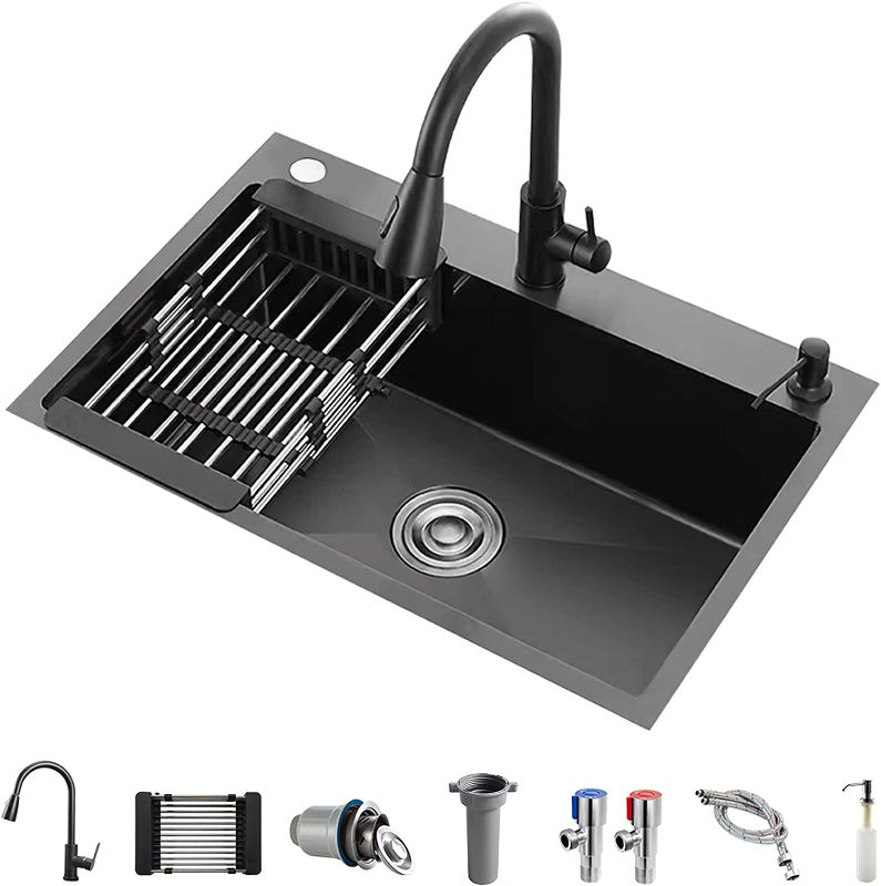 Photo 1 of 30 inch Utility Single Basin kitchen Sink Three hole single basin Black Stainless Steel Sink Kitchen Sink with Faucet and Accessories
