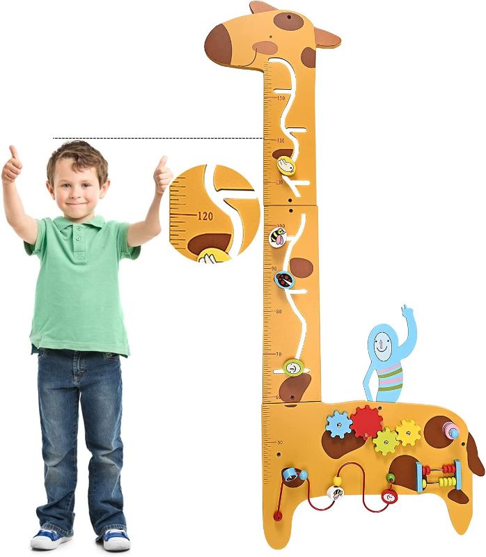 Photo 1 of Activity Wall Panel Busy Board 7 in 1 Multifunctional Giraffe Wooden Height Ruler, Children’s Early Education Hand-Eye Eombination Sensory Exercises Abacus Elide Gear Game for Children Over 36 Months
