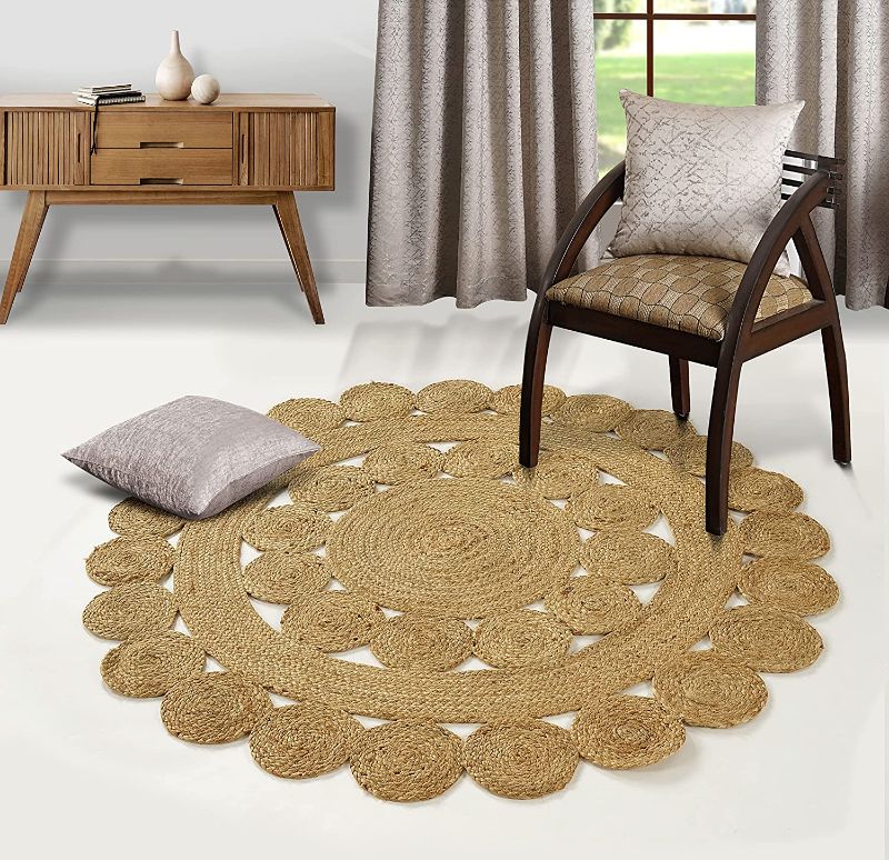 Photo 1 of 3'x3' Jute Cotton Denim Blue Fringe Area Rug - Natural Fiber Round Collection Handmade