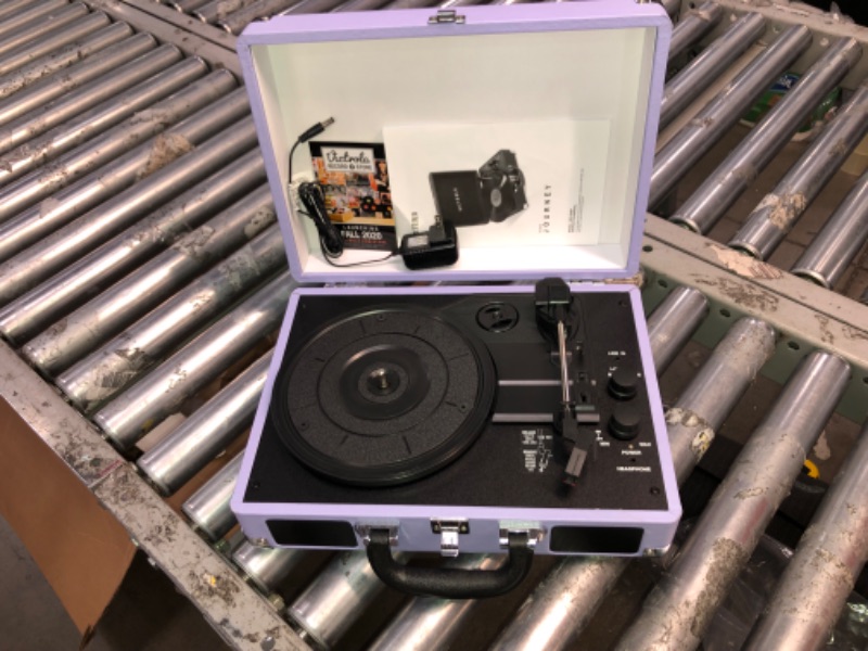 Photo 2 of (SEE NOTES) Victrola Vintage 3-Speed Bluetooth Portable Suitcase Record Player with Built-in Speakers | Upgraded Turntable Audio Sound | Lavender (VSC-550BT-LVG) Lavender/Silver Record Player (CHARGER INCLUDED) 