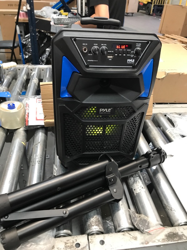 Photo 2 of *Pyle Bluetooth PA Speaker & Microphone System - Portable Karaoke Speaker with Wired Mic, Built-in LED Party Lights, FM Radio, MP3/USB/Micro SD Readers, Speaker Stand (8’’ Subwoofer, 400 Watt MAX)