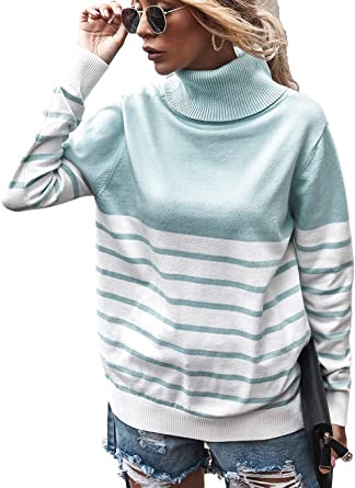 Photo 1 of BZB Womens Turtleneck Knit Sweater Long Sleeve Striped Color Block Loose Ribbed Pullover Winter Jumper Tops Medium
