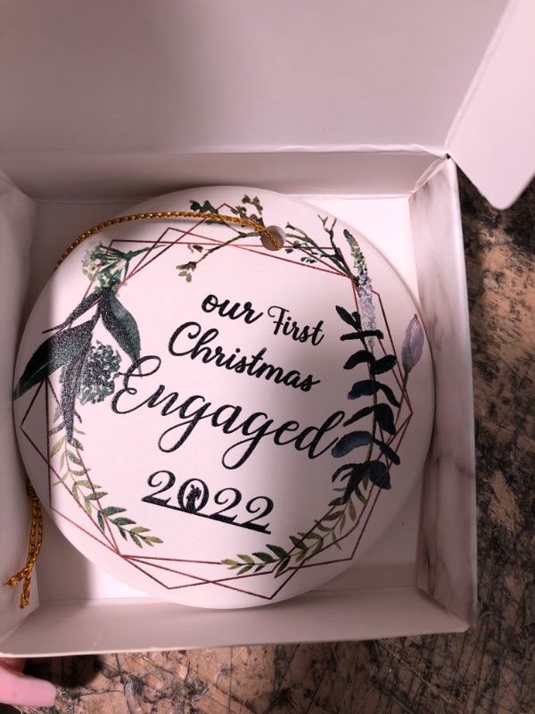 Photo 2 of 2022 Our First Christmas Engaged Ornaments, Engagement Wedding Bridal Shower Gift for Couple, Ceramics Two-Side Printed Xmas Ornaments Decorations for Christmas Trees 3 Inch