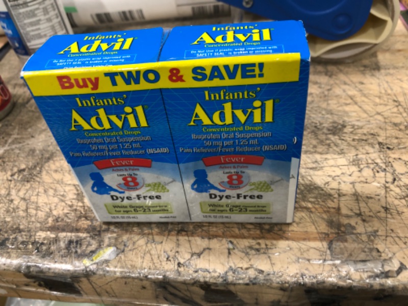 Photo 2 of Advil Infants' Fever Reducer/Pain Reliever Dye-Free, 50mg Ibuprofen Concentrated Drops (White Grape Flavor, 0.5 fl. oz. Bottle, Pack of 2)