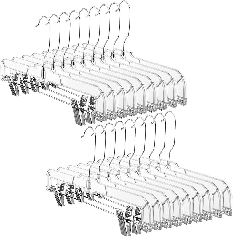 Photo 1 of  25 Pack Clear Pants Hangers with Clips, Non-Slip Skirt Hangers with Adjustable Clips, Heavy Duty Slim Plastic Hangers 14" 360-Rotating Swivel Hook, Clip Hangers for Pants, Trousers, Skirts
