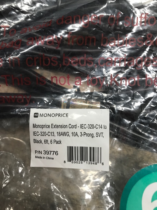 Photo 3 of Monoprice 3-Prong Extension Cord - 6 Feet - Black (6-Pack) IEC 60320 C14 to IEC 60320 C13, 18AWG, 10A, SVT, for Powering Computers, Monitors 6 Feet 6 Pack Black