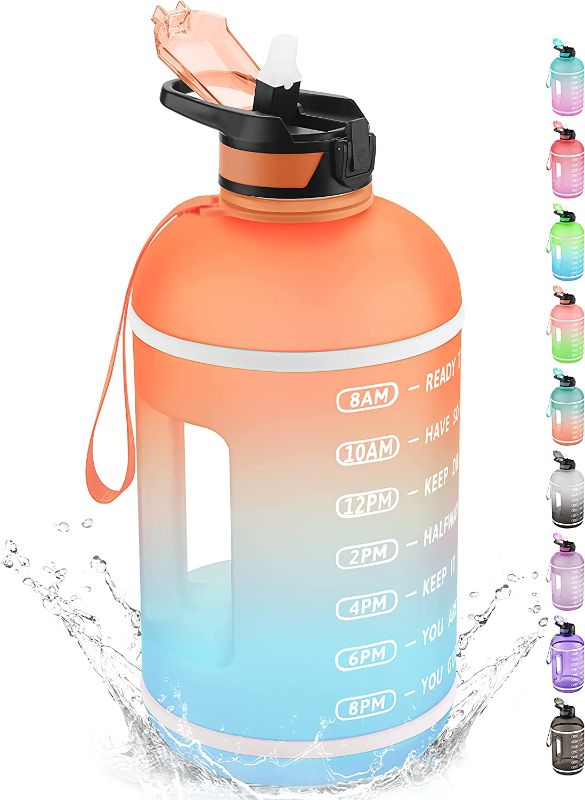 Photo 1 of KEEPTO 1 Gallon Water Bottle with Straw-Motivational Water Jug with Time Marker,Orange/Sky Blue Ombre