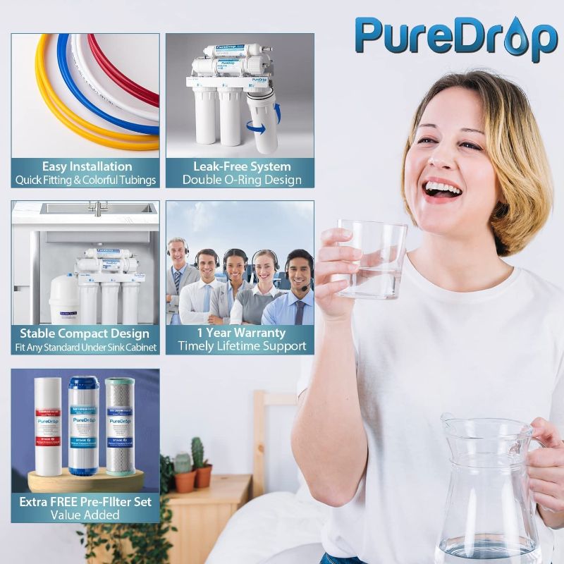 Photo 1 of PureDrop RTW5 5 Stage Reverse Osmosis RO Water Filtration System with Faucet and Tank - Under Sink Water Filter Plus Extra Pre Filter Set, TDS Reduction, White
