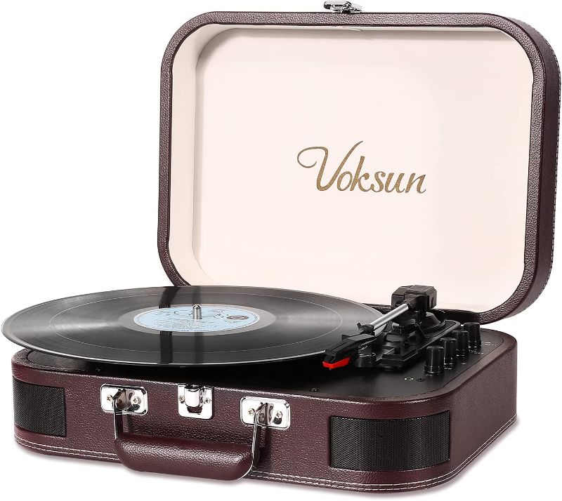 Photo 2 of Voksun Record Player, Vintage Bluetooth Turntable with Built-in Stereo Speakers, 3-Speed Suitcase Vinyl Player, Supports Vinyl to MP3 Recording, Phonograph with AUX USB RCA Headphone Jack, Crimson
