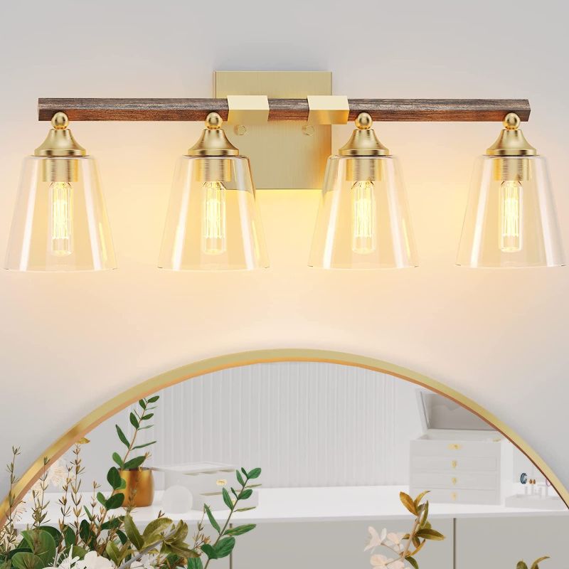 Photo 1 of 4-Light Gold Farmhouse Vanity Lights Fixture, Rustic Wood Bathroom Light Fixtures Over Mirror, Industrial Vintage Wall Sconces Lights with Clear Glass Shade for Bathroom Living Room Kitchen Stair
