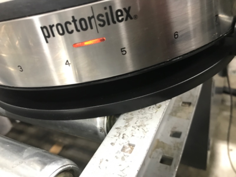 Photo 4 of ***Powers On***Proctor Silex Electric Crepe Maker with 13” Nonstick Griddle for Eggs, Pancakes, Omelets and Quesadillas, with Temperature Control, Spatula, Spreader, Batter Cup, Stainless Steel (38400PS)