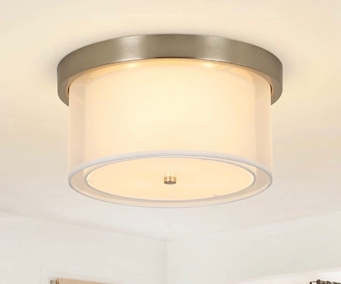 Photo 1 of 3-Light Flush Mount Ceiling Light Fixture, Modern Close to Ceiling Light with Double Fabric Drum Shade, Hallway Light Fixtures Ceiling Mount for Bedroom, Living Room, Kitchen, Dining Room, Foyer,Entry