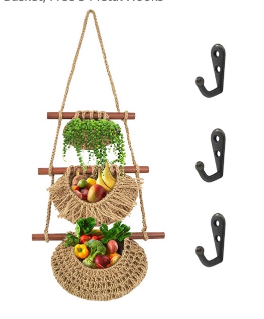 Photo 1 of  Hanging Fruit Basket 3-Tier Handmade Woven Jute Wall Hanging Baskets, BOHO Kitchen Wall Decor Storage Basket, Free 3 Metal Hooks