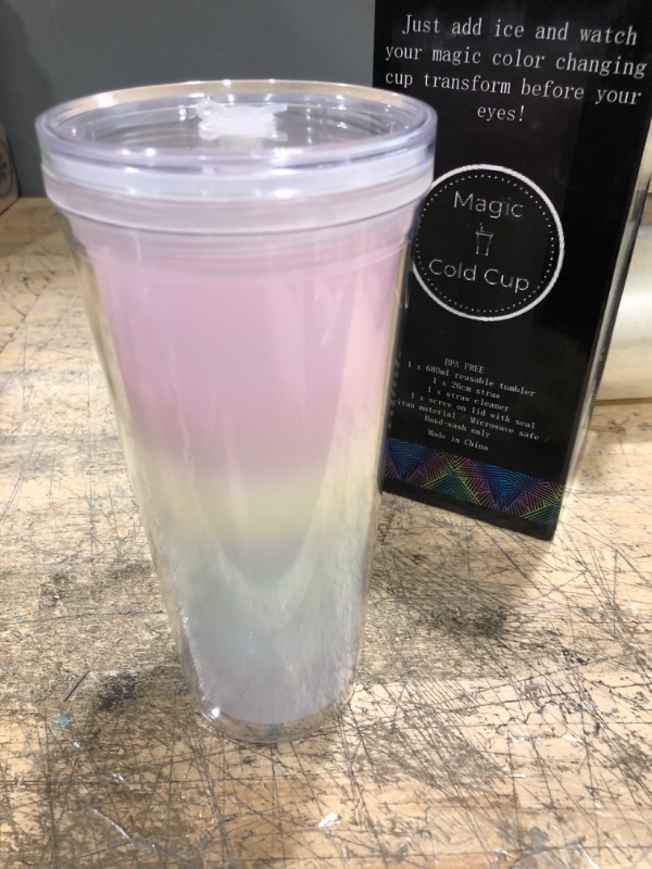 Photo 2 of 22oz Rainbow Color Changing Cup with Lid and Straw for Adults by Magic Cold Cup - BPA-FREE Reusable Double Wall Tumbler is Unbreakable & Leakproof with Resealable Lid Plug and Straw Cleaner