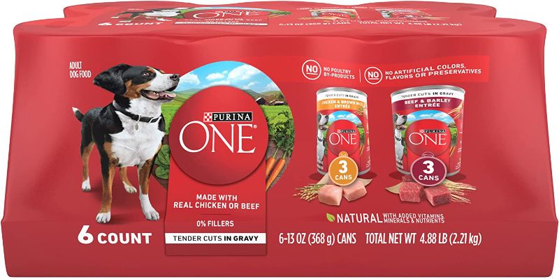 Photo 1 of  best by 11/2024 Purina ONE Tender Cuts in Gravy Natural Wet Dog Food Gravy Beef and Barley Entree 13 Oz. Can 12pk
