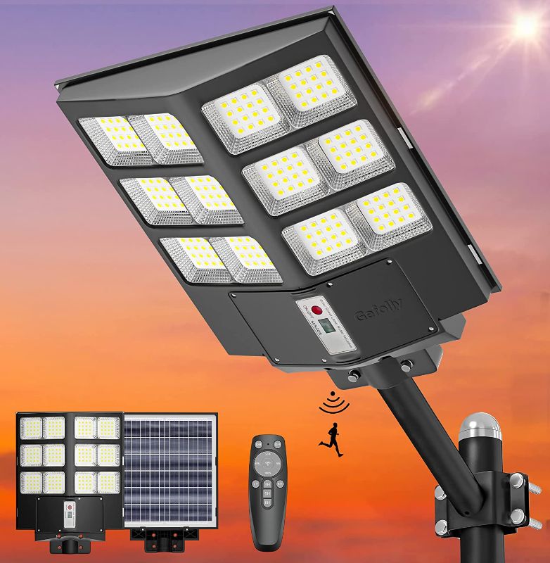 Photo 1 of Gefolly 600W Solar Street Light Outdoor, 60000LM Parking Lot Light Commercial Dusk to Dawn, 6500K Street Light Solar Powered Outdoor Security Flood Light with Motion Sensor for Road, Yard, Playground