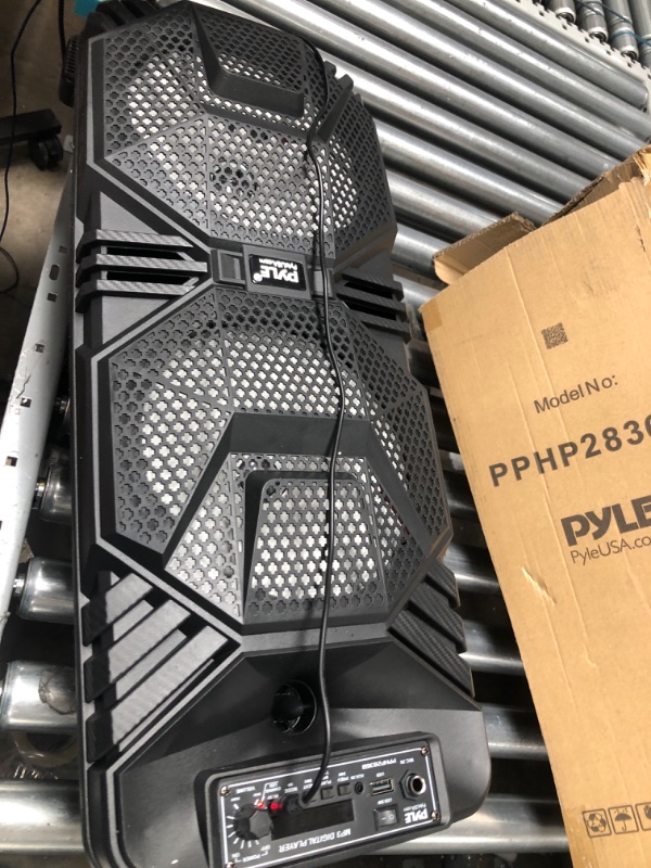 Photo 5 of Pyle Bluetooth PA Speaker System - 600W Rechargeable Outdoor Bluetooth Speaker Portable PA System w/ Dual 8” Subwoofer 1” Tweeter, Microphone In, Party Lights, USB, Radio, Remote - Pyle PPHP2836B Speaker System Speaker System