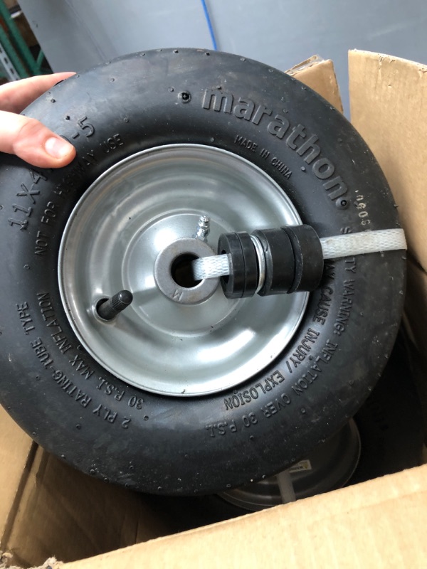 Photo 2 of 2 PCS 11x4.00-5" Flat Free Lawn Mower Tire on Wheel, 3/4" or 5/8" Bushing, 3.4"-4"-4.5-5" Centered Hub, Universal Fit Smooth Tread Tire for Zero Turn Lawn Mowers, with Universal Adapter Kit