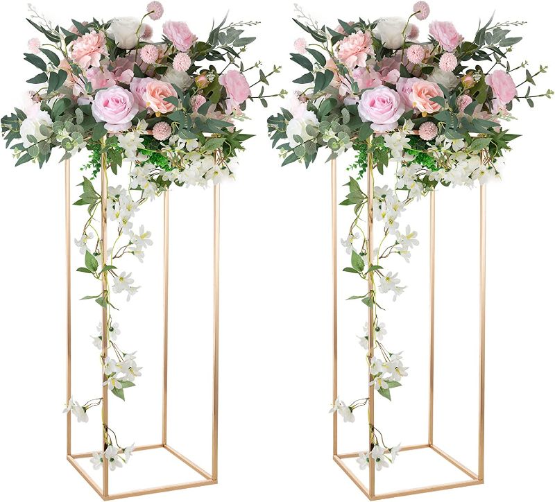 Photo 1 of 31.5in Tall Wedding Centerpieces Vase, Metal Floor Vase Column Flower Stand Geometric Wedding Road Lead Stand Rack Stage Shelf ,Rectangular Display Rack, for Wedding Party Table Dinner Home Decoration