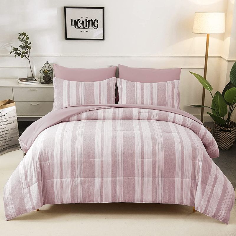 Photo 1 of  Bedsure Pink Comforter Set, Cationic Dyeing Stripes Comforter set