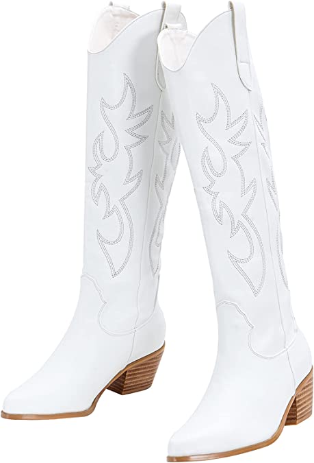 Photo 1 of Women's Embroidered Western Cowboy Boots Knee High Stitching Almond Medium Heel Chunky Heel 5cm Pointed Toe Fashion Retro Classic Boot Pull-On size 7