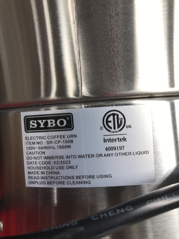 Photo 5 of ***TESTED/ POWERS ON***SYBO 2022 Upgrade SR-CP100C Commercial Grade Stainless Steel Percolate Coffee Maker Hot Water Urn for Catering, 100-CUP 16 L, Metallic