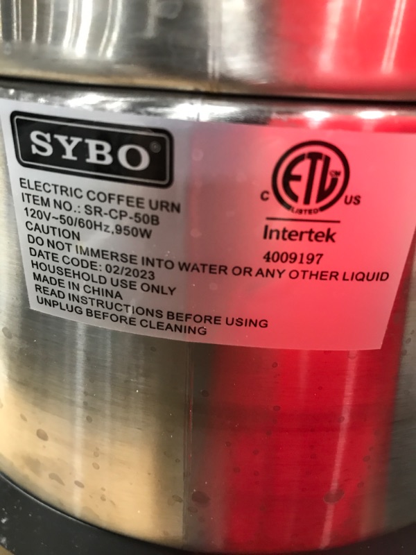 Photo 5 of ***TESTED/ POWERS ON***SYBO 2022 UPGRADE SR-CP-50C Commercial Grade Stainless Steel Percolate Coffee Maker Hot Water Urn for Catering, 50-Cup 8 L, Metallic