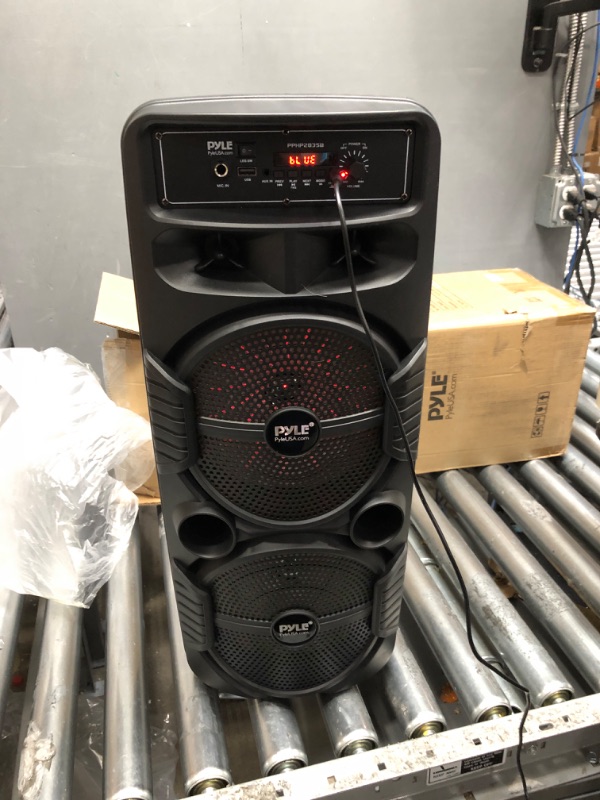 Photo 2 of Pyle Portable Bluetooth PA Speaker System - 600W Rechargeable Outdoor Bluetooth Speaker Portable PA System w/ Dual 8” Subwoofer 1” Tweeter, Microphone In, Party Lights, USB, Radio, Remote - PPHP2835B