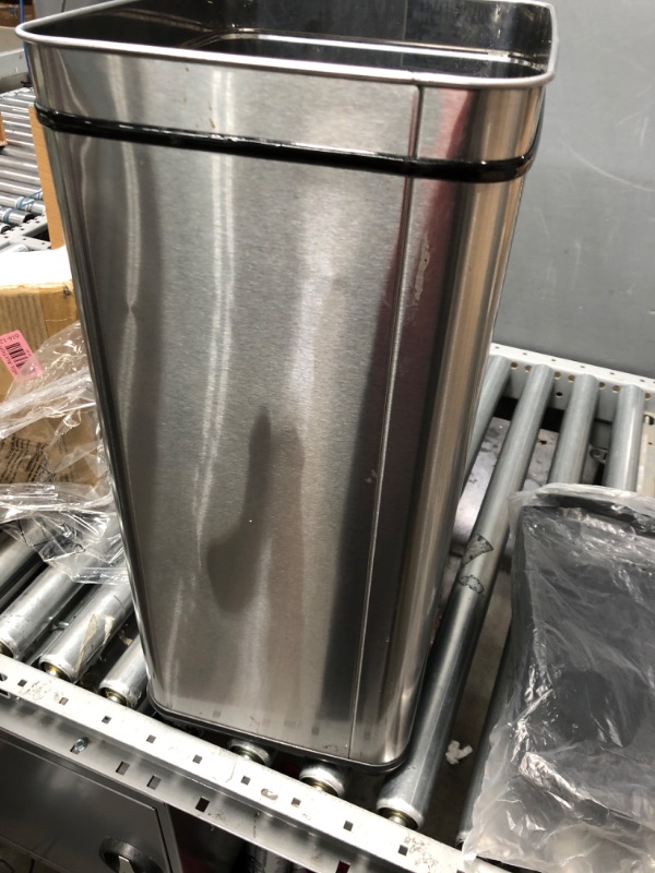 Photo 1 of **USED***
iTouchless 13 Gallon Automatic Trash Can with Odor-Absorbing Filter and Lid Lock, Power by Batteries (not included) or Optional AC Adapter (sold separately), Black / Stainless Steel