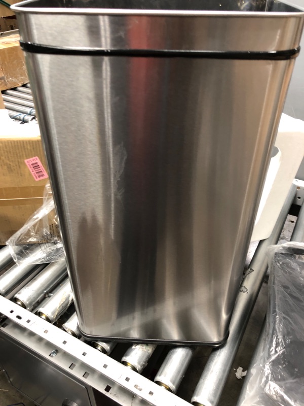 Photo 8 of **USED***
iTouchless 13 Gallon Automatic Trash Can with Odor-Absorbing Filter and Lid Lock, Power by Batteries (not included) or Optional AC Adapter (sold separately), Black / Stainless Steel