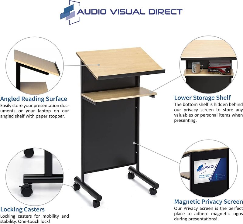 Photo 2 of Audio-Visual Direct Wheeled Lectern - Standing Desk with Storage Shelf - Beech/Black - Ideal for Presentations and Laptop Use