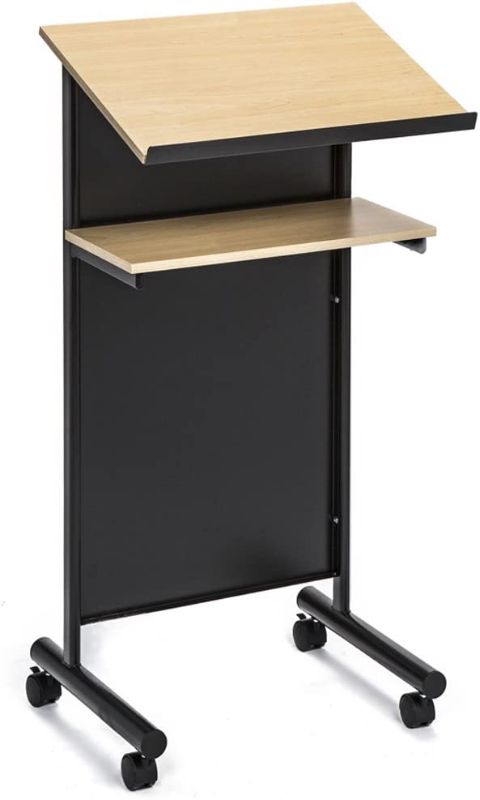 Photo 1 of Audio-Visual Direct Wheeled Lectern - Standing Desk with Storage Shelf - Beech/Black - Ideal for Presentations and Laptop Use