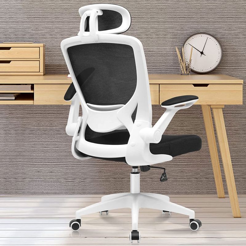 Photo 1 of KERDOM Ergonomic Office Chair, Breathable Desk Chair with Adjustable Headrest, Armrests, Swivel Chair, Rocker Function up to 135°, Executive Chair Made of Mesh (white and gray) 